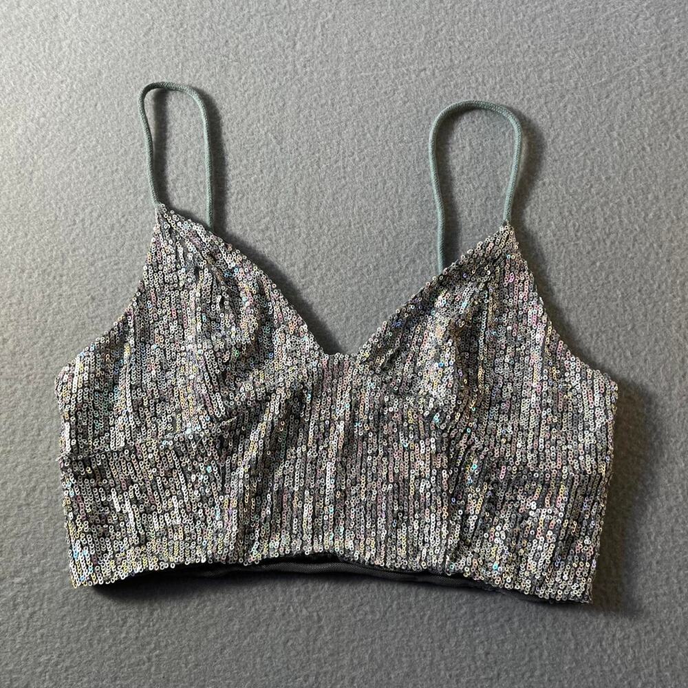 Free people Silver Sequin Cami Crop Top Metallic Party Bralette Size M